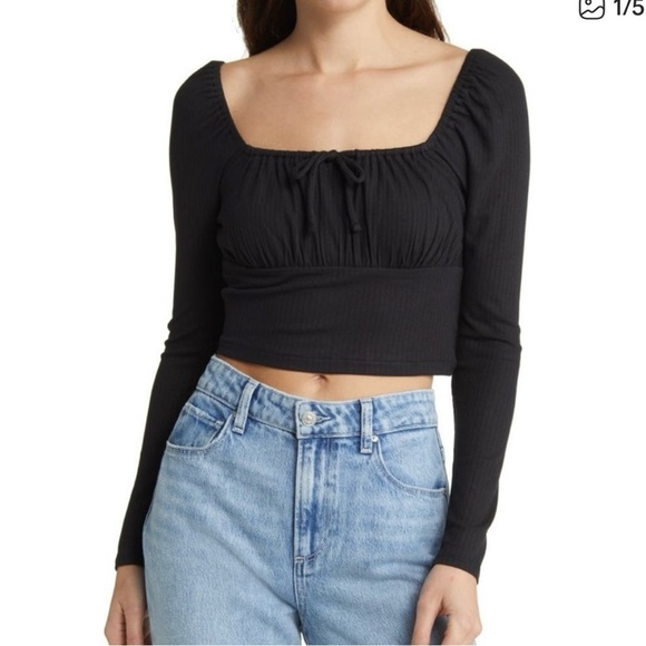 Madewell Tops - Madewell Black Rib Square Neck Long Sleeve Crop Top Size XL